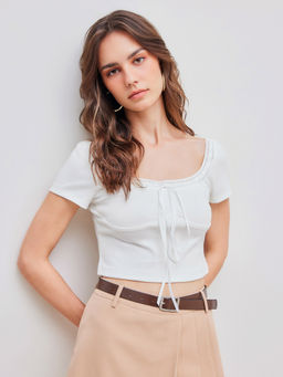 Cider - U-Neckline Knotted Short Sleeve Crop Top