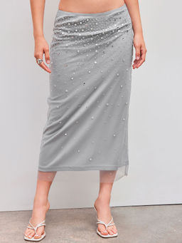 Cider - Chiffon Mid Rise Rhinestone Maxi Skirt