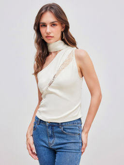 Cider - Satin Halter Asymmetrical Neck Solid Lace Ruched Top