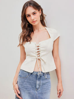 Cider - Linen-Blend Square Neck Lace Up Solid Zipper Short Sleeve Blouse Top