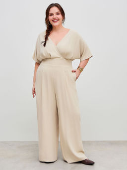 Cider - Linen-Blend V-Neck Solid Corset Pocket Jumpsuit Curve & Plus