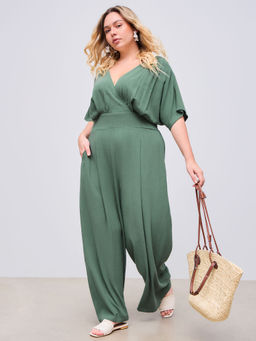 Cider - Linen-Blend V-Neck Solid Corset Pocket Jumpsuit Curve & Plus