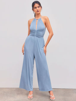 Cider - Halter Solid Ruched Pocket Wide Leg Jumpsuit