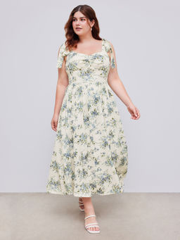 Cider - Woven Sweetheart Floral Knotted Ruffle Hem Midi Dress Curve & Plus
