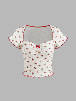 Cider - Sweetheart Bowknot Floral Short Sleeve Crop Top
