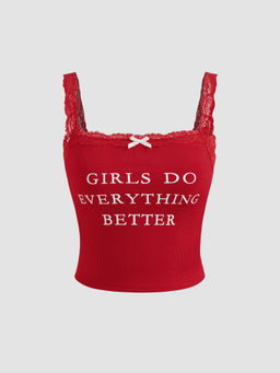 Cider - Girls Do Everything Better Square Neck Bowknot Lace Trim Crop Cami Top