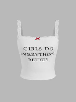 Cider - Girls Do Everything Better Square Neck Bowknot Lace Trim Crop Cami Top