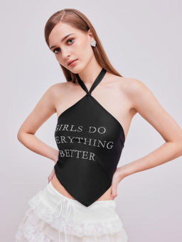 Cider - Girls Do Everything Better Halter Asymmetrical Hem Rhinestone Knotted Crop Top