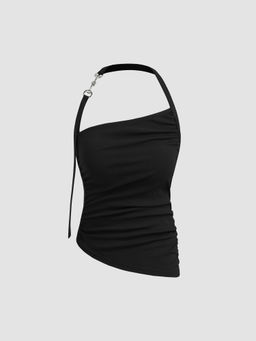 Cider - Halter Solid Asymmetrical Hem Ruched Cami Top
