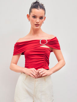 Cider - Off-Shoulder Solid Ruched Top
