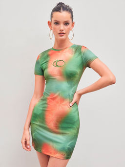 Cider - Round Neckline Leaves Gradient Cut Out Mini Dress