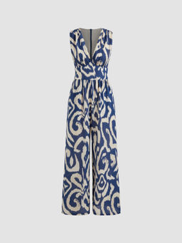 Cider - Woven V-Neck Abstract Sleeveless Wide Leg Jumpsuit