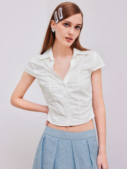 Cider - Cotton V-Neck Solid Ruched Short Sleeve Shirt