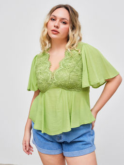 Cider - Woven V-Neck Backless Knotted Short Sleeve Blouse Top Curve & Plus