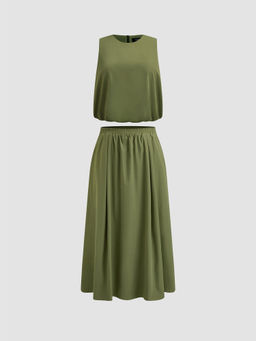 Cider - Woven Round Neckline Solid Tank Top & Mid Rise Ruffle Maxi Skirt Curve & Plus (Set of 2)