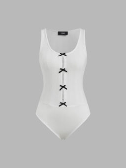 Cider - Scoop Neckline Solid Bowknot Cut Out Bodysuit