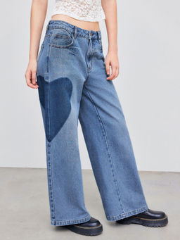 Cider - Denim Low Rise Heart Graphic Baggy Jeans