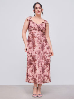 Cider - Mesh Square Neck Floral Bowknot Midi Dress Curve & Plus
