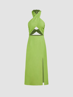 Cider - Halter Solid Criss Cross Cut Out Split Midi Dress