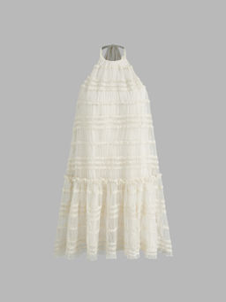 Cider - Mesh Halter Lettuce Trim Bowknot Tiered Mini Dress