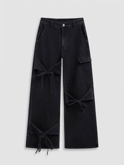 Cider - Denim Mid Rise Solid Bowknot Pocket Wide Leg Jeans