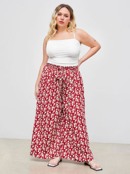 Cider - Woven Square Neck Solid Ruched Crop Top & Floral Trousers Curve & Plus (Set of 2)