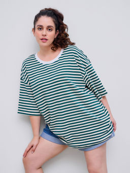 Cider - Cotton-Blend Round Neckline Striped Short Sleeve Tee Curve & Plus