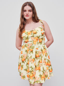 Cider - Orange Graphic Ruched Corset Knotted Ruffle Mini Dress Curve & Plus