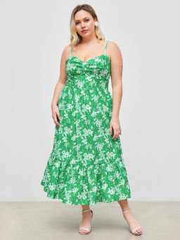 Cider - Woven V-Neck Floral Shirred Ruffle Maxi Dress Curve & Plus