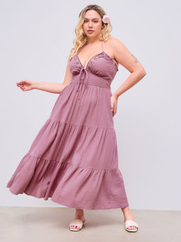 Cider - Halter Solid Knotted Shirred Embroidery Ruffle Tiered Maxi Dress Curve & Plus