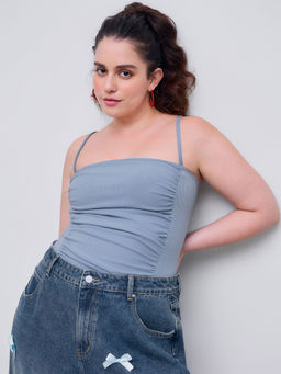 Cider - Square Neck Ruched Solid Bodysuit Curve & Plus