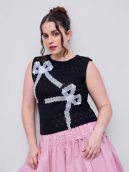 Cider - Crochet Round Neckline Lace Bowknot Tank Top Curve & Plus