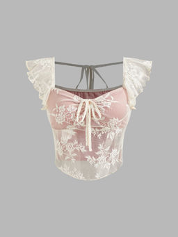 Cider - Lace Square Neck Floral Knotted Short Sleeve Blouse Top