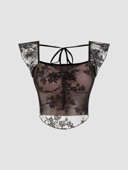 Cider - Lace Square Neck Floral Knotted Short Sleeve Blouse Top