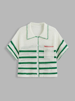 Cider - Knitted Collar Striped Short Sleeve Top Curve & Plus