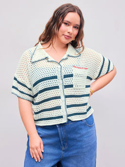 Cider - Knitted Collar Striped Short Sleeve Top Curve & Plus