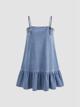 Cider - Denim Solid Bowknot Ruffle Babydoll Mini Dress