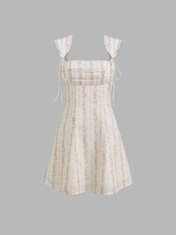 Cider - Square Neck Floral Lace Trim Knotted Mini Dress