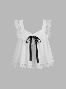 Cider - Woven Square Neck Solid Bowknot Lettuce Trim Blouse Top