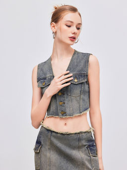 Cider - Denim V-Neck Washed Pocket Crop Top