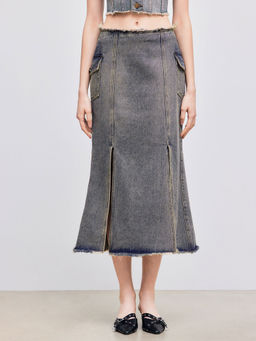 Cider - Denim Low Rise Pocket Split Mermaid Maxi Skirt