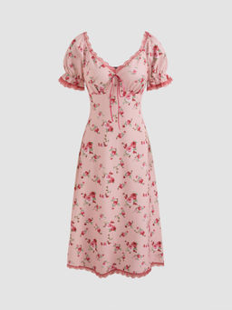 Cider - Square Neck Strawberry Graphic Contrasting Lace Trim Midi Dress