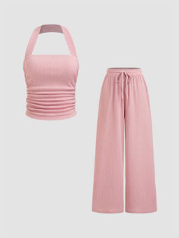 Cider - Halter Solid Ruched Texture Crop Top with Mid Rise Solid Wide Leg Trousers (Set of 2)