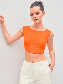 Cider - Cotton-Blend Boat Neck Solid Short Sleeve Crop Top