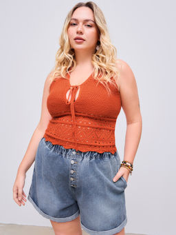 Cider - Halter Knotted Hollow Out Crop Cami Top Curve & Plus