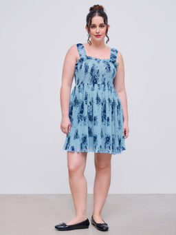 Cider - Woven Square Neck Floral Shirred Lettuce Trim Pleated Mini Dress Curve & Plus