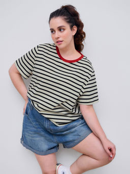Cider - Round Neck Striped Contrasting Binding Short Sleeve Tee Curve & Plus