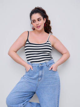 Cider - Square Neckline Striped Cami Bodysuit Curve & Plus