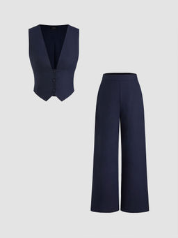 Cider - V-Neck Striped Belted Vest with Mid Rise Striped Pocket Straight Leg Trousers (Set of 2)