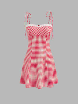 Cider - Square Neck Gingham Bowknot Mini Dress